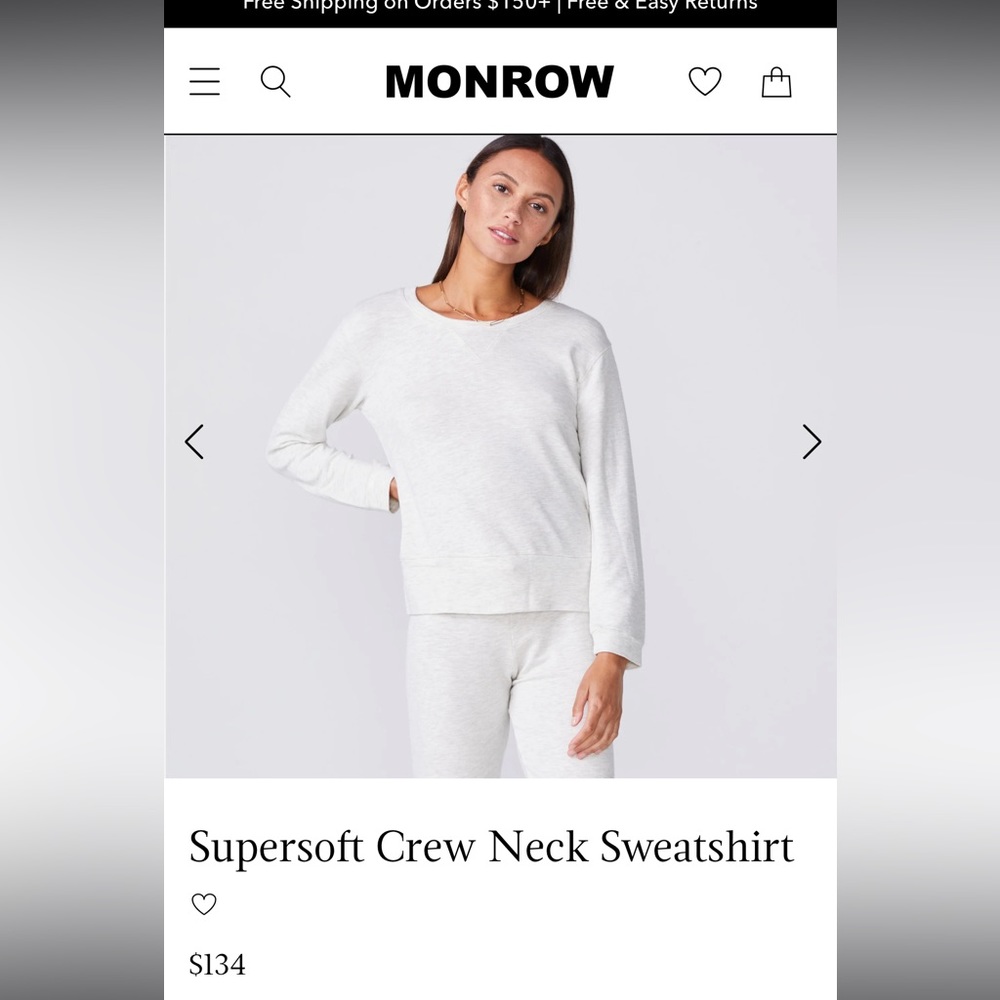 MONROW supersoft crew neck sweatshirt in Ash. Size small.